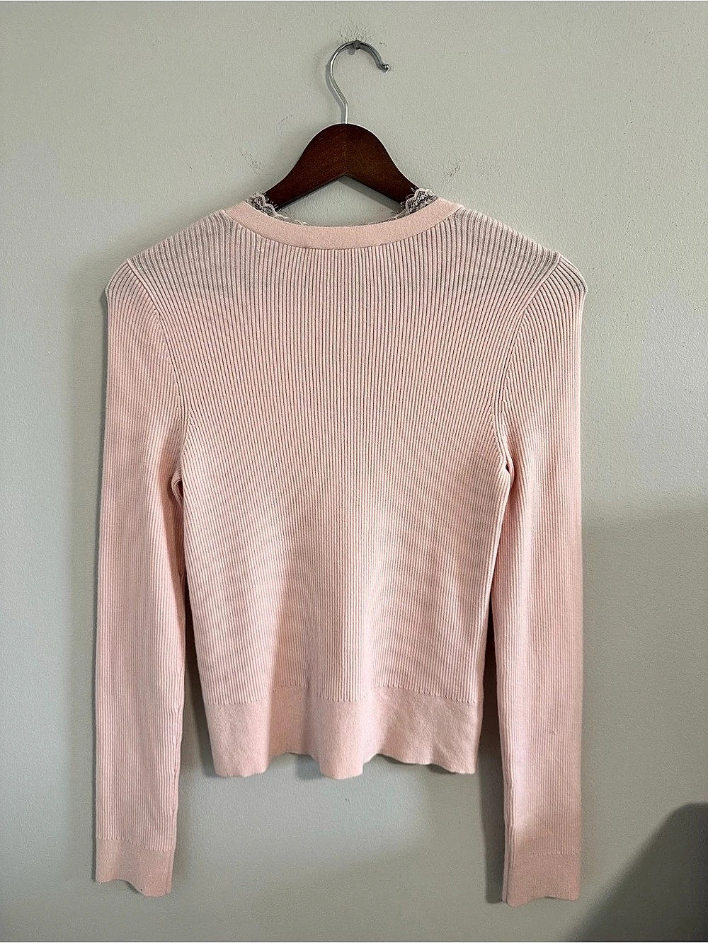 LOFT Lace Trim V-Neck Pink Ribbed Cardigan - Picture 2 of 5